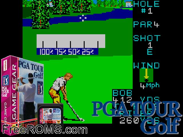PGA Tour Golf Game Gear game showing 3D box cover and gameplay screenshot